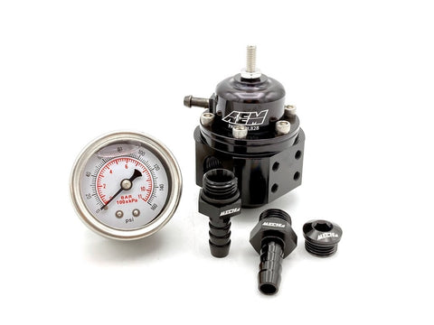 AEM 25-302BK Fuel Pressure Regulator (+Pressure Gauge and Rubber Hose Fittings)